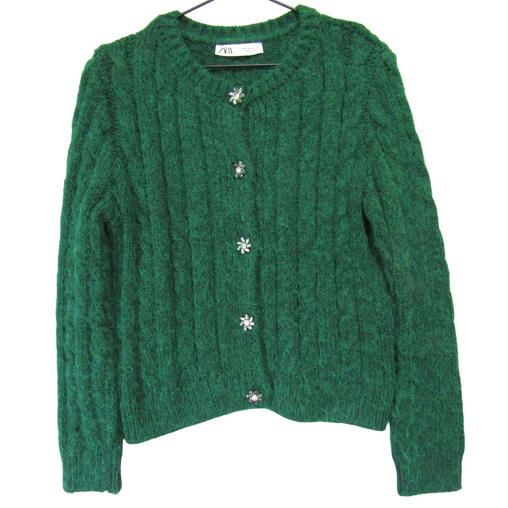 Zara Cardigan Sweater Womens Medium Green Excellent Rhinestone‎ Flower Button
